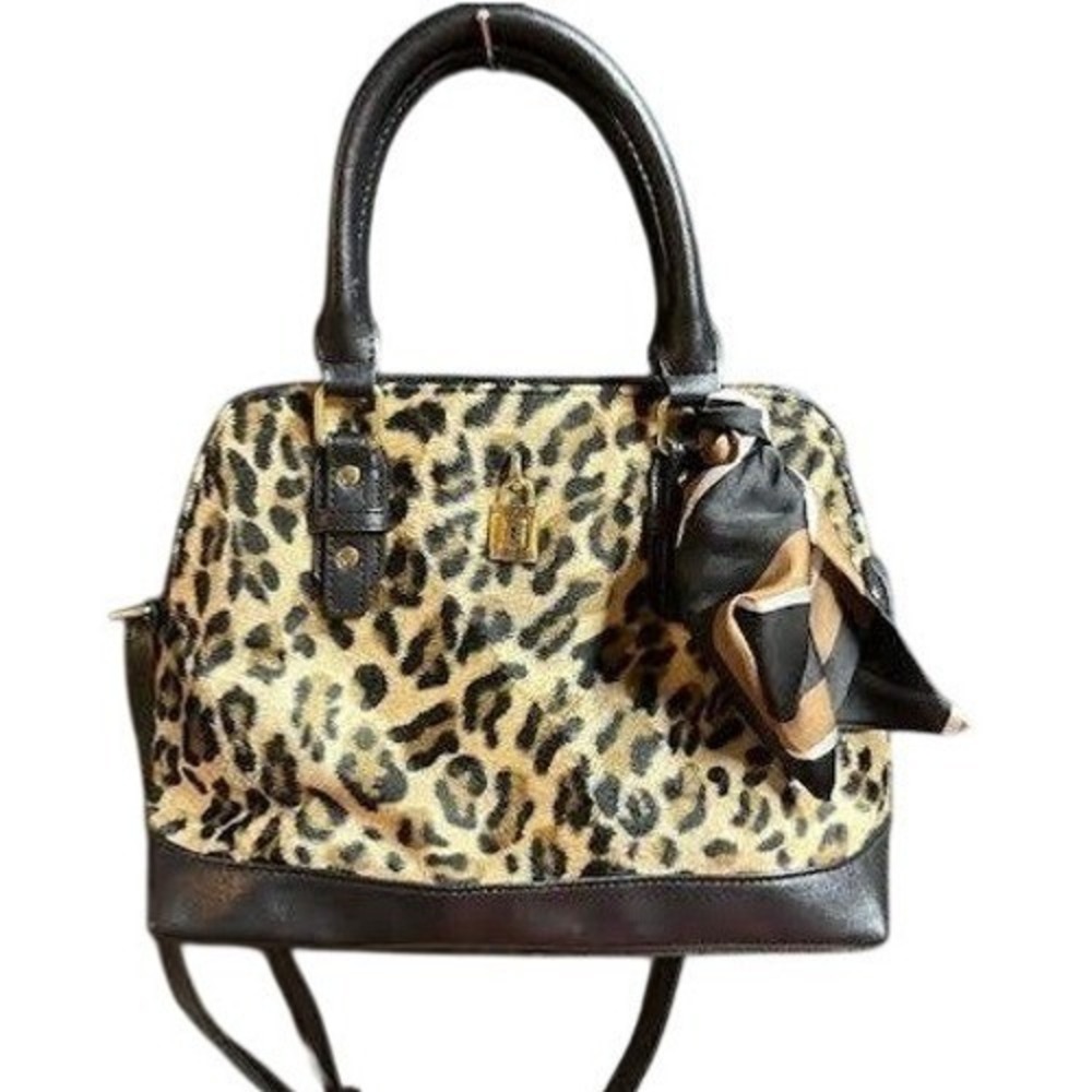 Leopard Print Dome Satchel Purse Black‎ Trim Scarf Accent Handbag